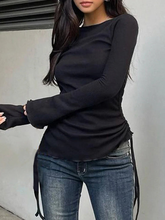 Black Solid Ribbed O Neck Slim Long Sleeve Basic Long Sleeve T Shirt Women Side Shirring Lace-Up Chic Fashion Elegant Simple Tee