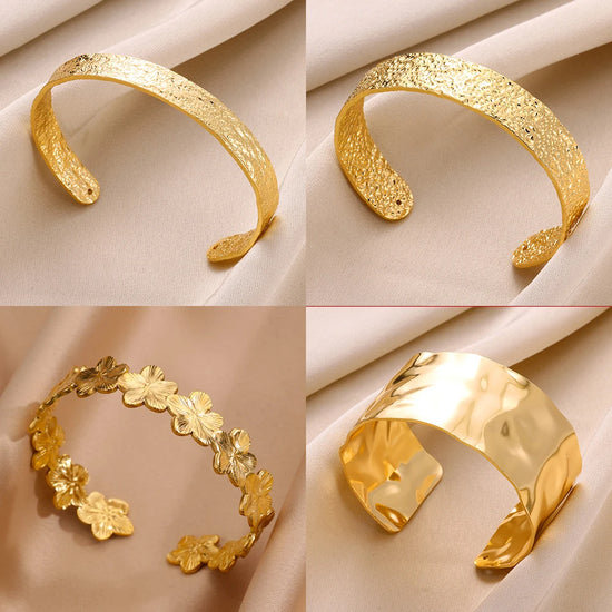 Wide Bangles for Women – Luxury Gold Color Chunky Flower Cuff Bracelet, Vintage Wedding Jewelry Gifts
