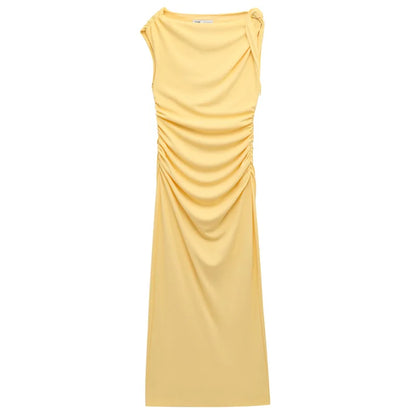 2025 Ruffled Yellow Midi Dress – Elegant Asymmetric Sleeveless Summer Holiday Dress for Women