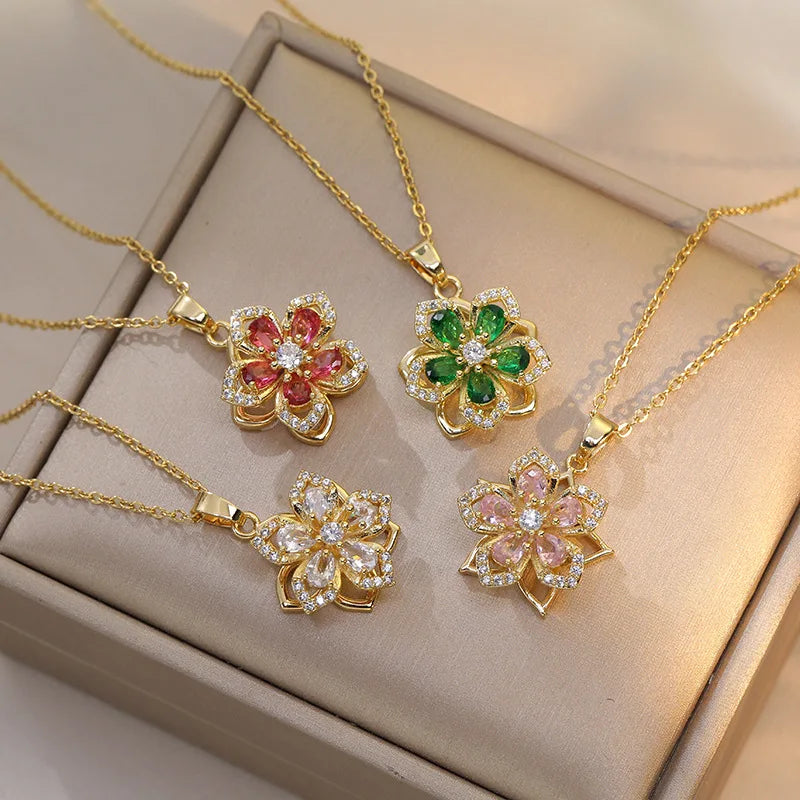 Gold-Plated Rotatable Flower Necklace – Romantic Zirconia Pendant for Women & Girls