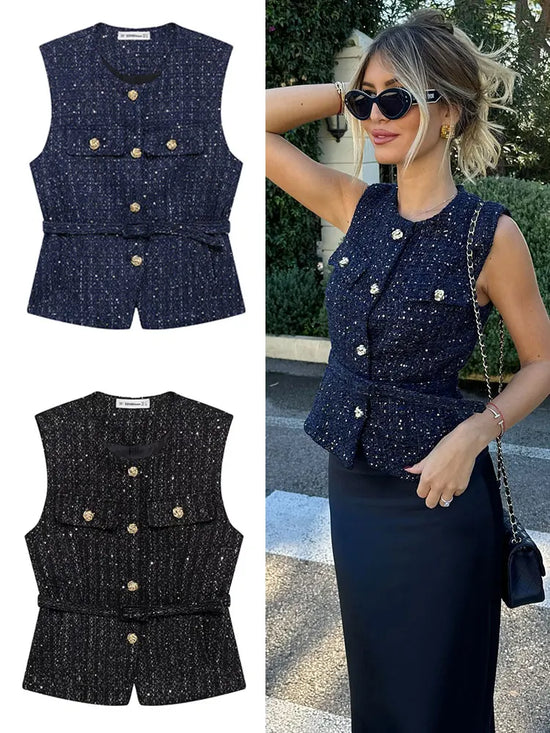 Women Fashion Tweed Belt Waistcoat O Neck Single Breasted Sleeveless Vests Spring Summer Office Lady Outerwear Chic Tops