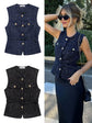 Women Fashion Tweed Belt Waistcoat O Neck Single Breasted Sleeveless Vests Spring Summer Office Lady Outerwear Chic Tops