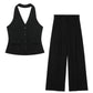 Women Fashion Solid Pant Suit Halter Single Breasted Sleeveless Blazer Vest Top Zipper Fly Trousers Office Lady Sets