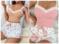 Women 2psc Pajama Set Pink Lace Patchwork V-Neck Sleepwear  Suit Cami Top Printed Shorts Soft Pyjamas Loungewear