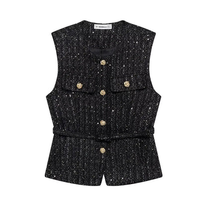 Women Fashion Tweed Belt Waistcoat O Neck Single Breasted Sleeveless Vests Spring Summer Office Lady Outerwear Chic Tops