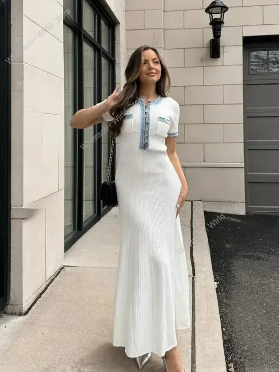 Elegant Contrasting Women Knit Maxi Dress Chic O-neck Short Sleeve Metal Buttons Bodycon Dresses 2025 Office Lady Commuting Robe