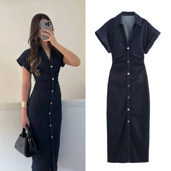 2025 Spring New 1975 Series Denim MIDI Dress – Elegant Slim Fit with Lapel, Side Zipper & Wrinkle Waist Detail