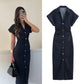 2025 Spring New 1975 Series Denim MIDI Dress – Elegant Slim Fit with Lapel, Side Zipper & Wrinkle Waist Detail