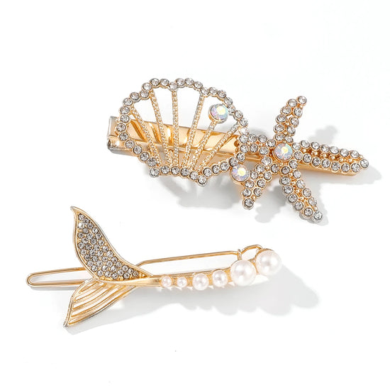 Pack of 2 Marine Themed Hair Clips Glitter Beaded Side Pin Alloy Flat Bangs Pin Starfish & Shell Shaped Fish Tail Design