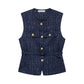Women Fashion Tweed Belt Waistcoat O Neck Single Breasted Sleeveless Vests Spring Summer Office Lady Outerwear Chic Tops
