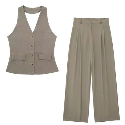 Women Fashion Solid Pant Suit Halter Single Breasted Sleeveless Blazer Vest Top Zipper Fly Trousers Office Lady Sets