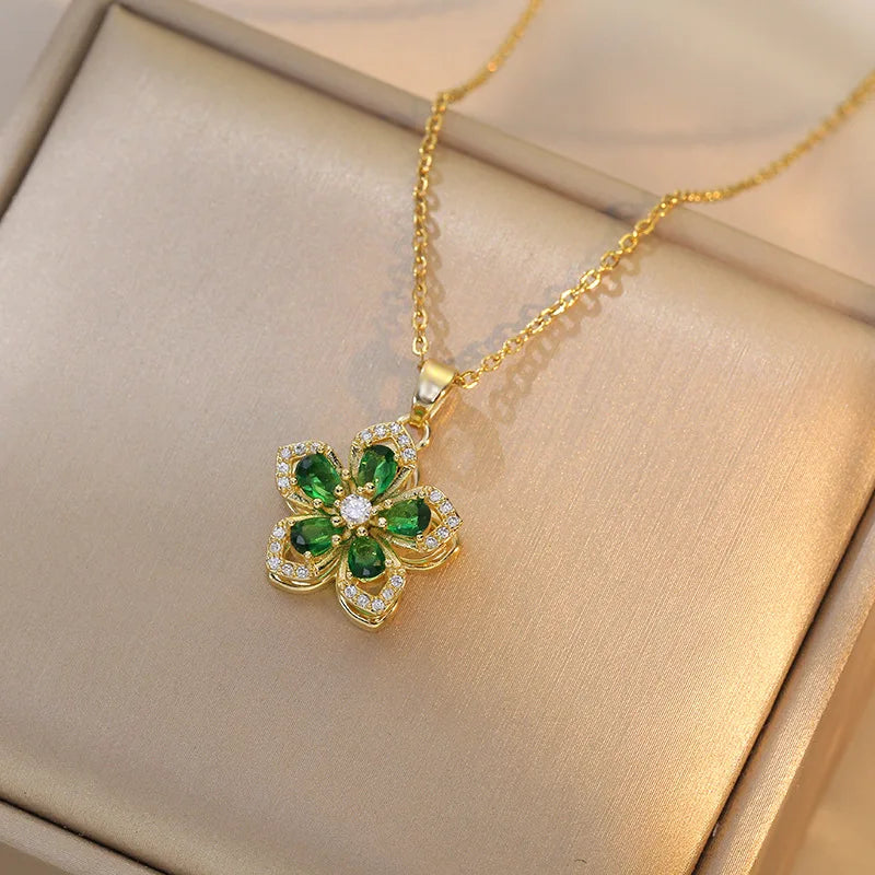 Gold-Plated Rotatable Flower Necklace – Romantic Zirconia Pendant for Women & Girls