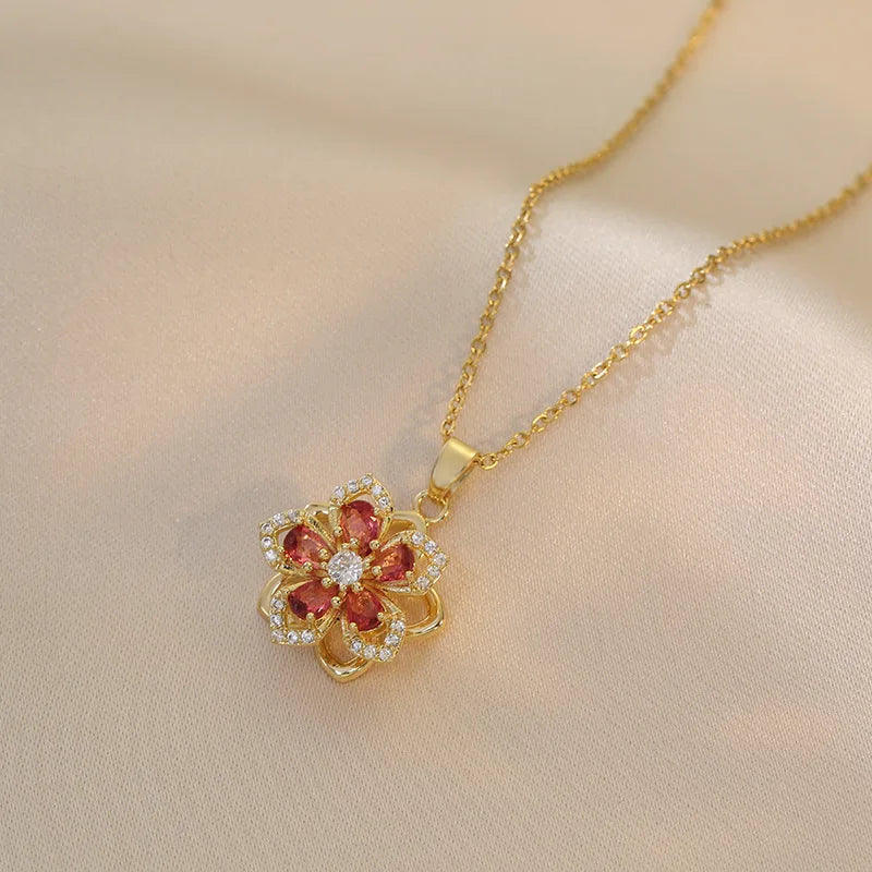 Gold-Plated Rotatable Flower Necklace – Romantic Zirconia Pendant for Women & Girls