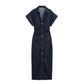 2025 Spring New 1975 Series Denim MIDI Dress – Elegant Slim Fit with Lapel, Side Zipper & Wrinkle Waist Detail
