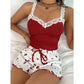 Women 2psc Pajama Set Pink Lace Patchwork V-Neck Sleepwear  Suit Cami Top Printed Shorts Soft Pyjamas Loungewear