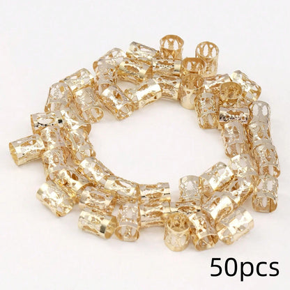 50pcs Metal Hollow Out Hair Rings – Beads for Braids, Dreadlocks, Hair Braid Clips & Metal Cuffs Decoration
