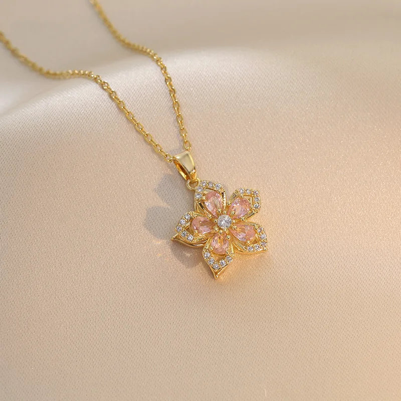 Gold-Plated Rotatable Flower Necklace – Romantic Zirconia Pendant for Women & Girls
