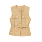 Women Fashion Tweed Belt Waistcoat O Neck Single Breasted Sleeveless Vests Spring Summer Office Lady Outerwear Chic Tops
