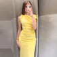 2025 Ruffled Yellow Midi Dress – Elegant Asymmetric Sleeveless Summer Holiday Dress for Women