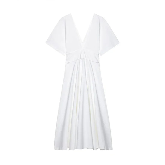 2025 Elegant White A-Line Dress – V-Neck, Short Sleeve, High-Waist Summer Dress for Women