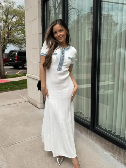 Elegant Contrasting Women Knit Maxi Dress Chic O-neck Short Sleeve Metal Buttons Bodycon Dresses 2025 Office Lady Commuting Robe