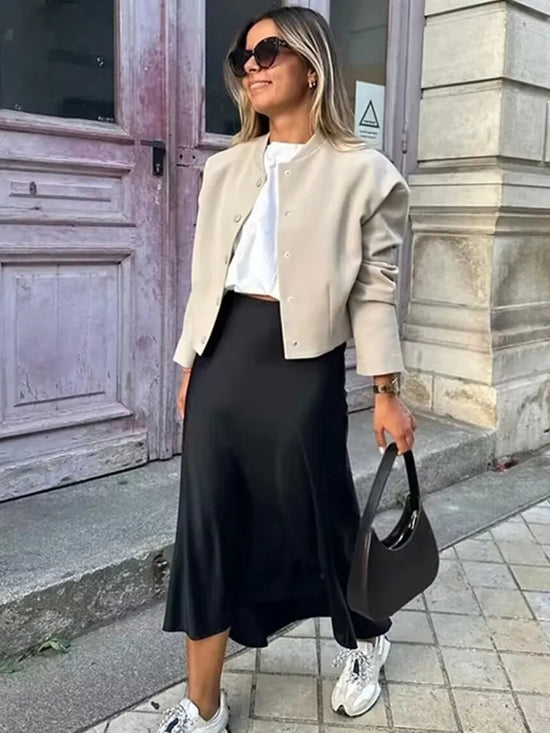 2024 High-Waist Satin Midi Skirt for Women – Elegant Summer Office Look