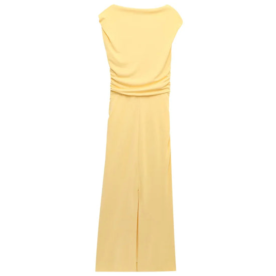 2025 Ruffled Yellow Midi Dress – Elegant Asymmetric Sleeveless Summer Holiday Dress for Women