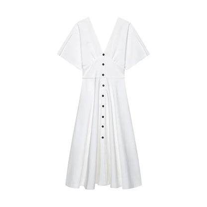 2025 Elegant White A-Line Dress – V-Neck, Short Sleeve, High-Waist Summer Dress for Women