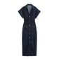 2025 Spring New 1975 Series Denim MIDI Dress – Elegant Slim Fit with Lapel, Side Zipper & Wrinkle Waist Detail