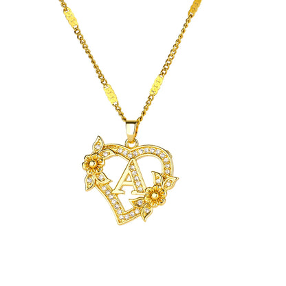 Gold Heart Initial Necklace – A–Z Alphabet Pendant on Stainless Steel Chain for Women
