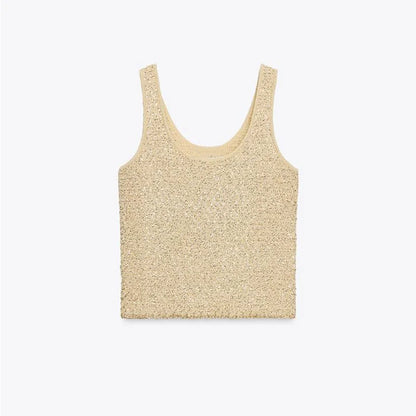 Orange Bright Silk Knitted Vest Cardigans Women Sleeveless U Neck Cropped Tank One Button Short Sleeve Cardigans New Lady Sets